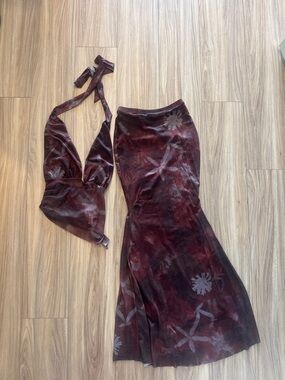 Two-Piece Burgundy Floral Halter Top and Skirt Set